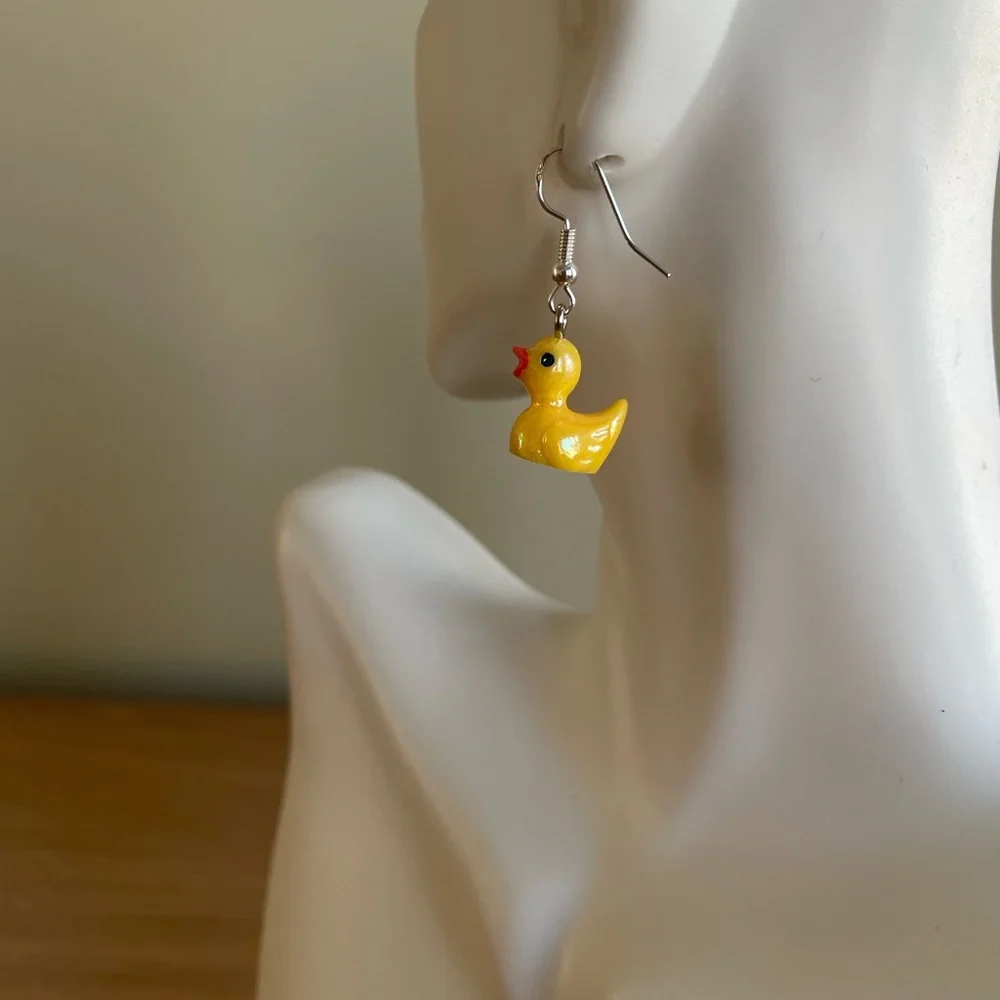 HAND CRAFTED “RUBBER DUCKY” EARRINGS Yellow Acrylic Ducks Miniature Novelty Fun